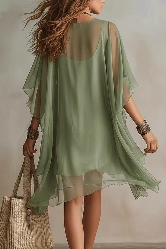 V-neck Chiffon Loose-fitting Resort Blouse And Beach Skirt 