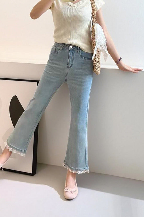 Light Blue Micro-Flare Lace Stretch Jeans for Women CJ US