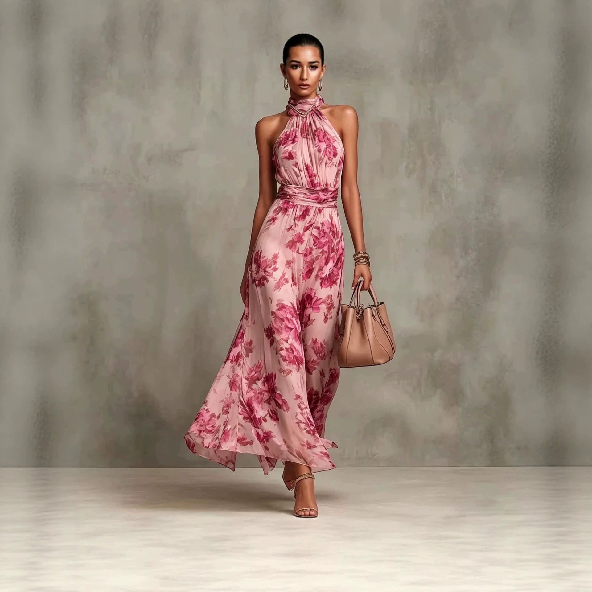 Neck-hanging Printed Chiffon Maxi Dress 