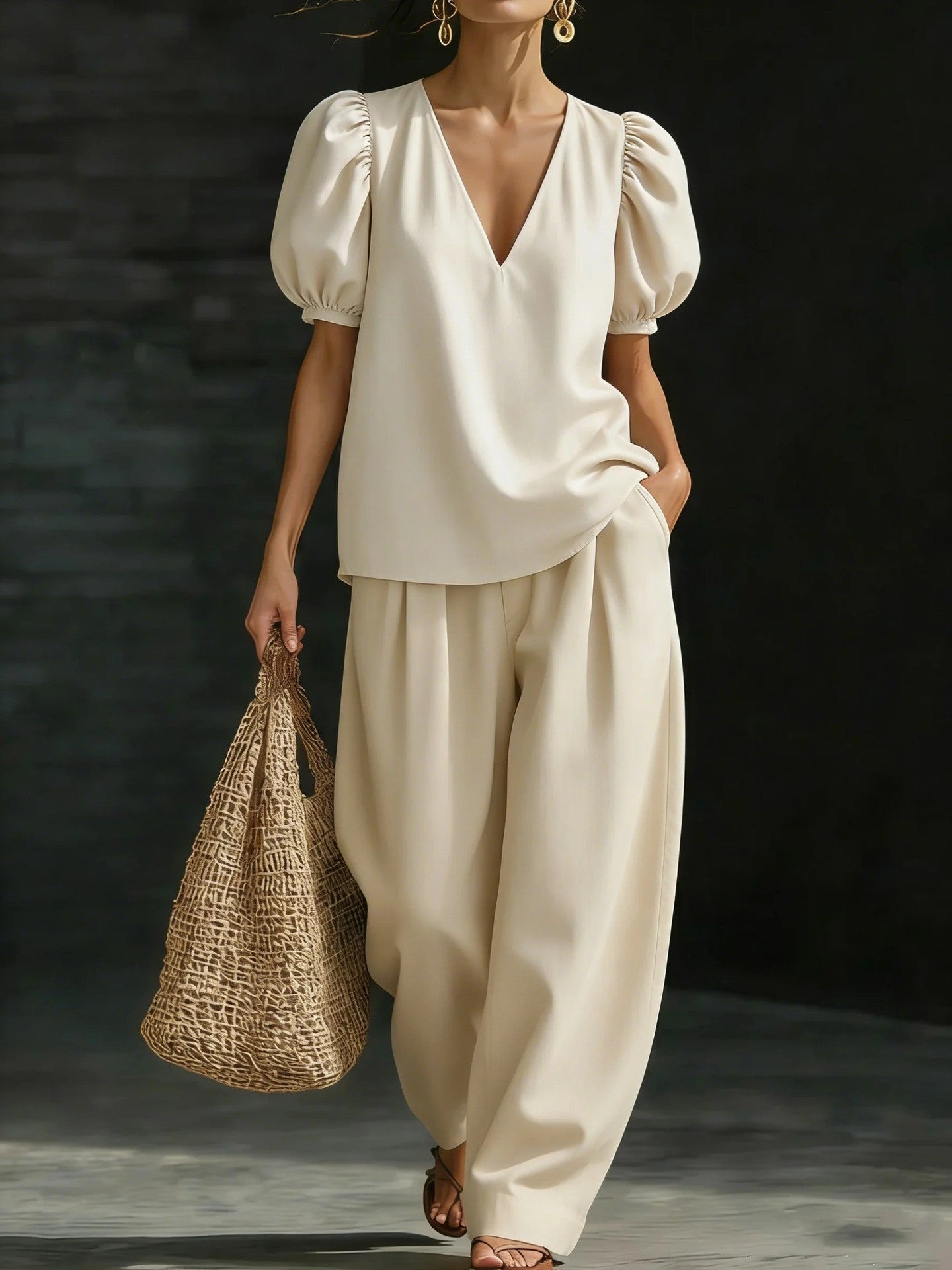 V-Neck Short-Sleeve Fashionable Casual Womens Set 