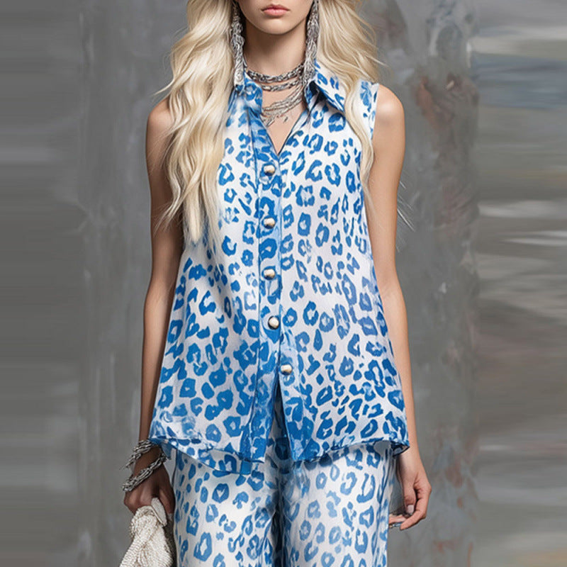 Loose-fit Leopard-print Sleeveless Shirt And Trousers Two-piece Set 