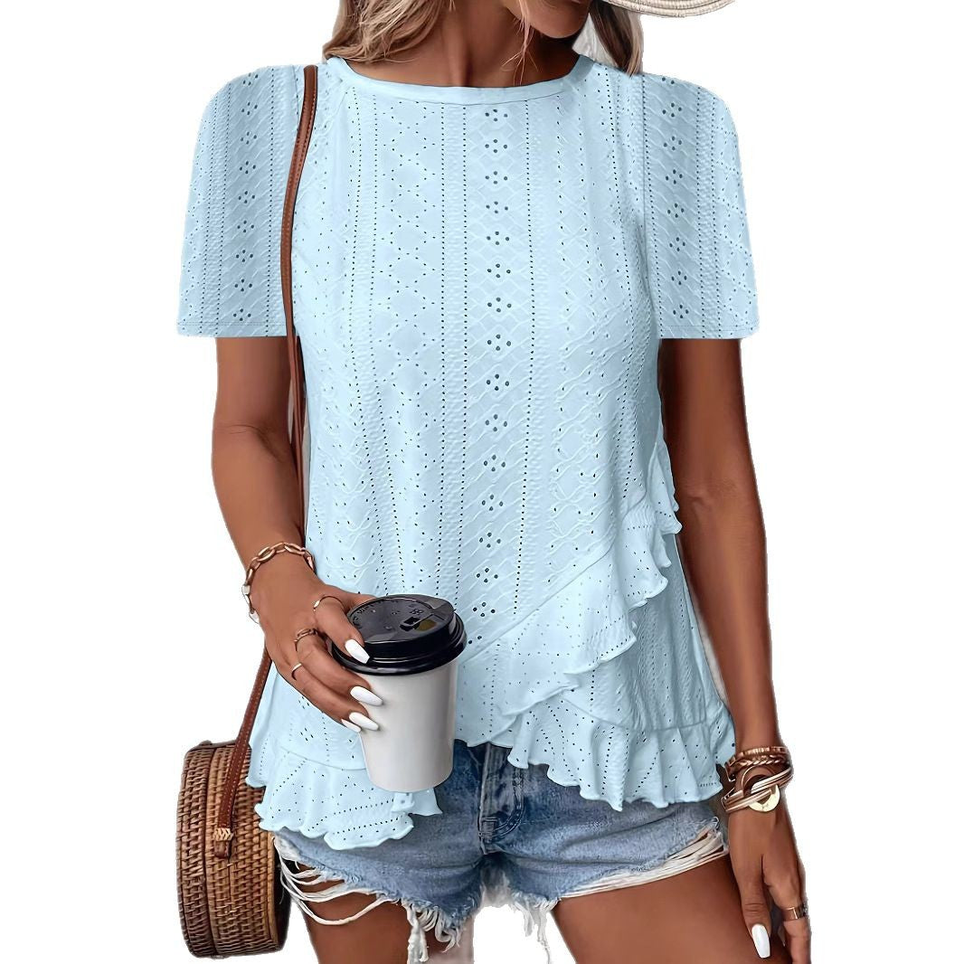 Womens Fashion Casual Solid-color Short-sleeve Crew Neck 