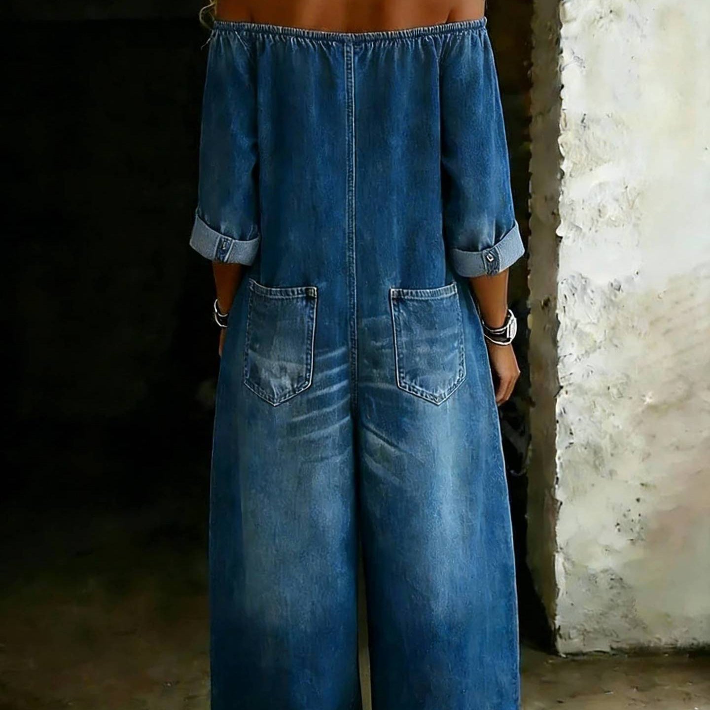 Single-breasted Off-shoulder Washed Faux Denim Jumpsuit 