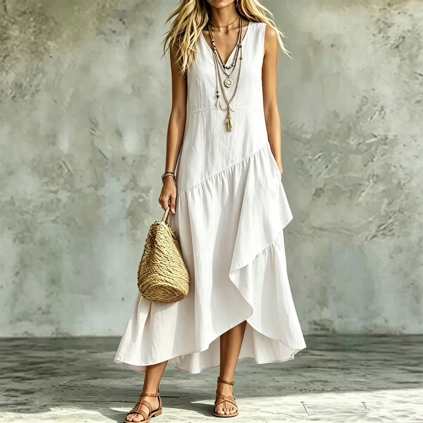 Women's Casual Solid-Color Loose Sleeveless Dress 