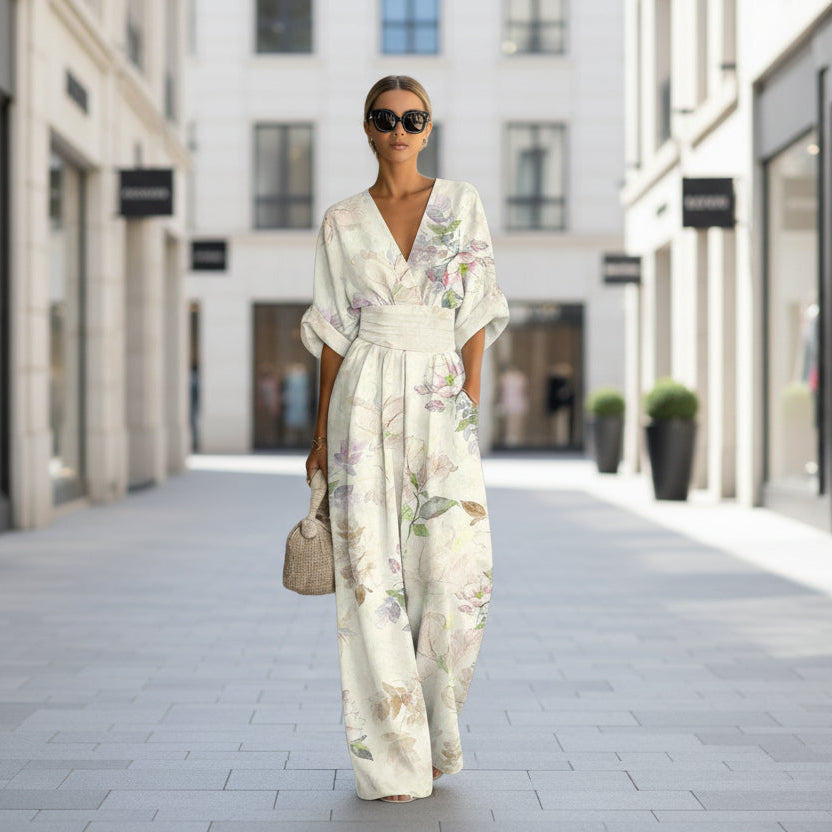 Waist-cinched V-neck Printed Womens Jumpsuit 