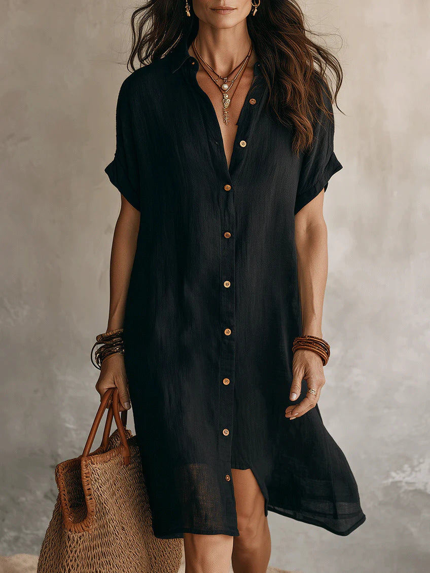 Women's Short-sleeve Buttoned Midi Shirt Dress 