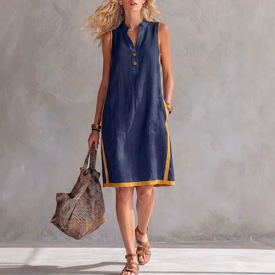 Sleeveless V-neck Pocketed Button Casual Dress 
