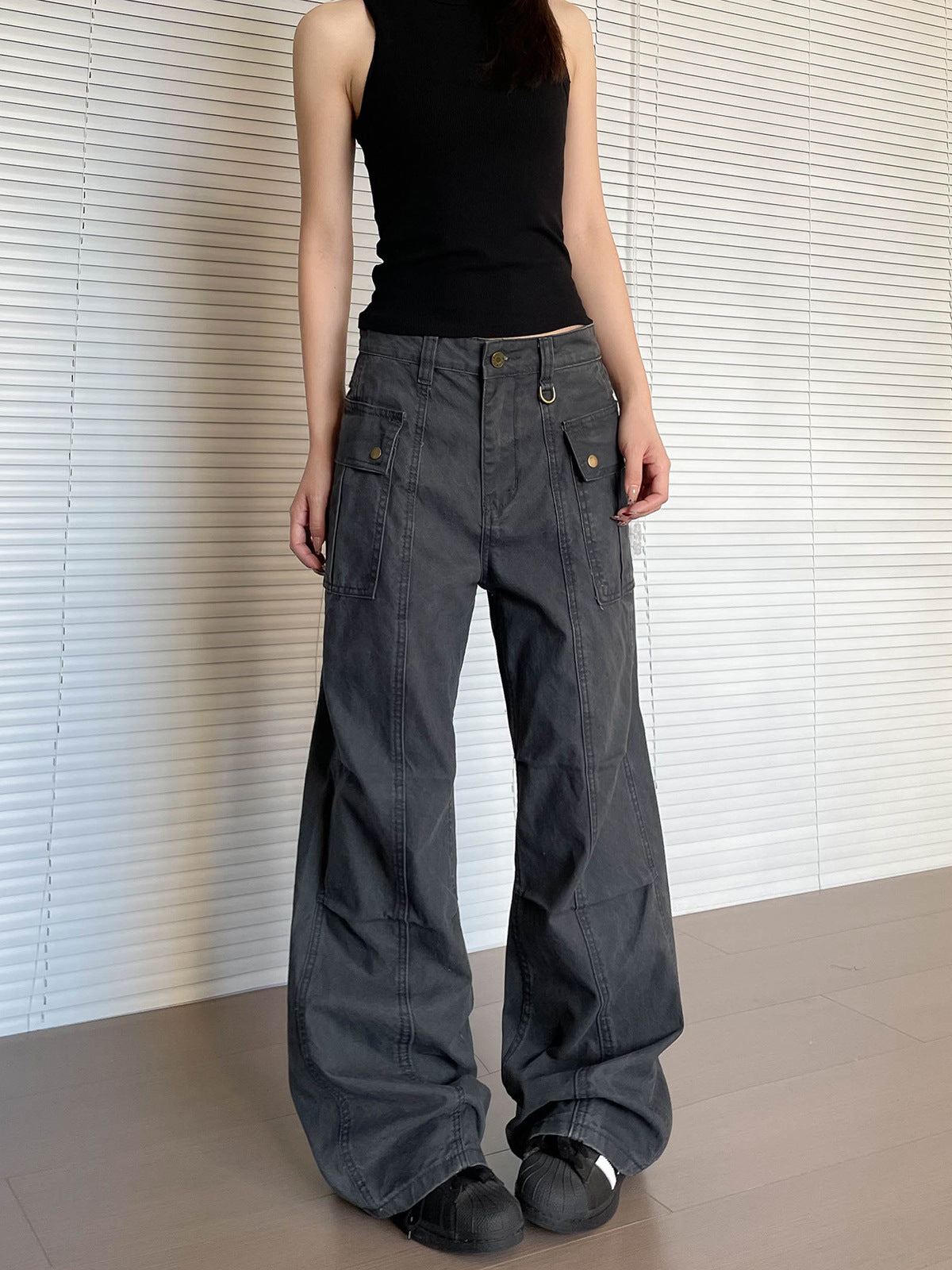 Womens Straight-Leg, Slightly Flared, 3D Slimming Washed Casual All-Match Long Pants 