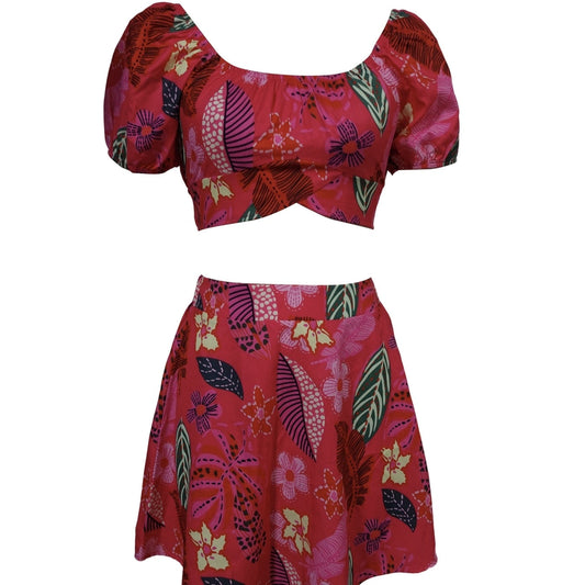 Flower Print Bubble Sleeves With Exposed Navel Short Top, Pleated Short Skirt Set CJ US