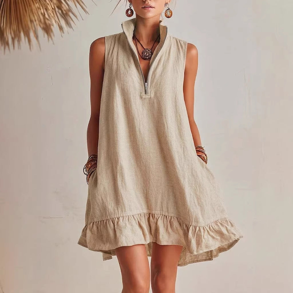 New Stylish Casual Loose Half-Zip Sleeveless Dress With Ruffle Hem 