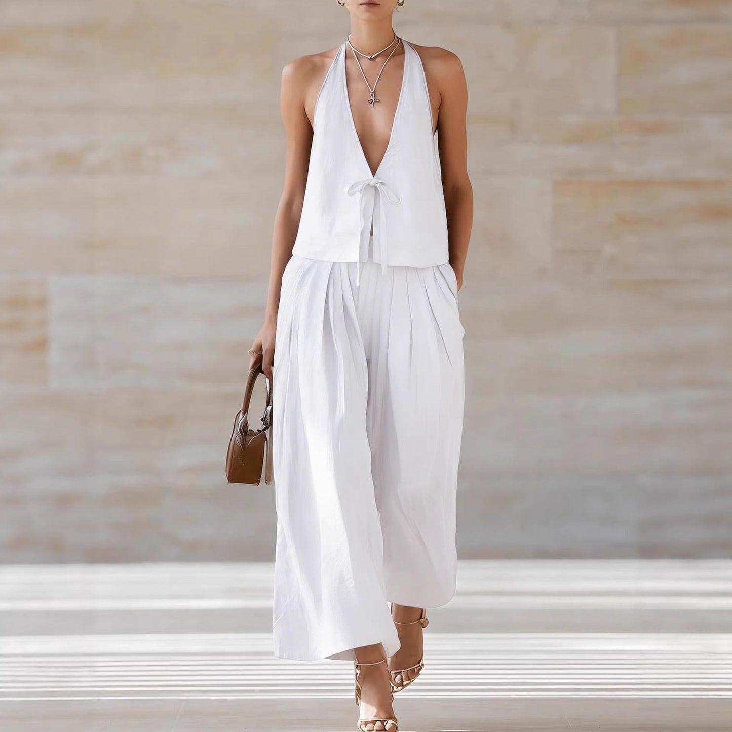 Fashionable Casual Sleeveless Vest And Loose Wide-Leg Pants Womens Set 