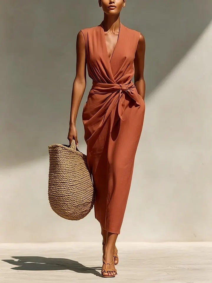 Solid-color Sleeveless Cotton-linen Feel Midi Dress 