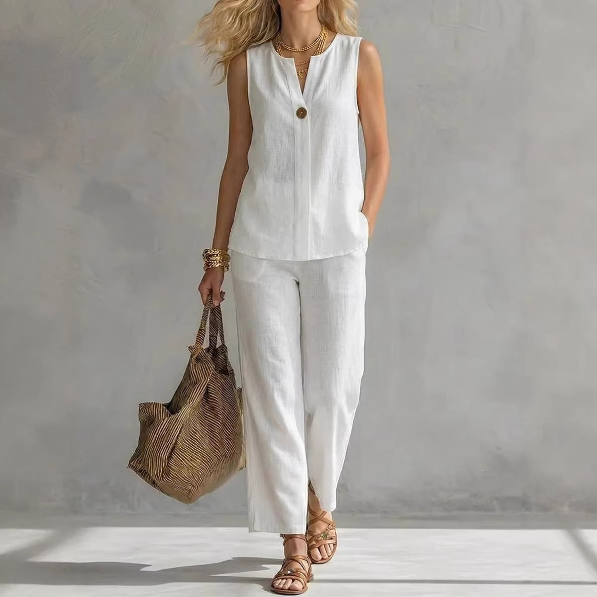 Casual Womens Sleeveless V-Neck Top Set 