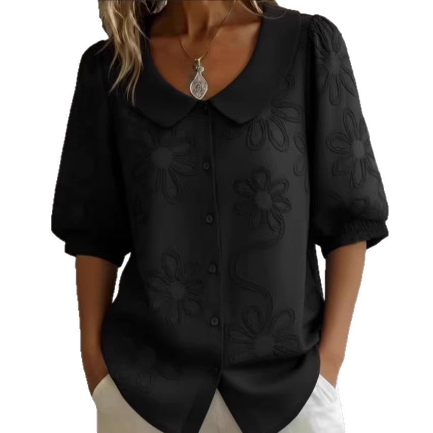 Loose-fit Retro Buttoned 3D Embroidered Floral Shirt 
