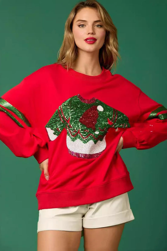 Women's Christmas Sequined Round Neck Top Casual Sweatshirt CJ