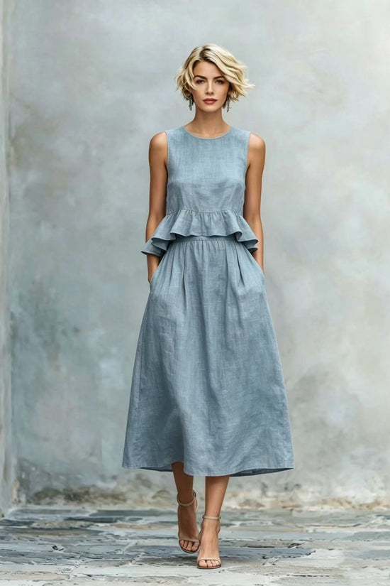 Sleeveless Crew-Neck High-Waisted Ruffle-Trim Resort-Style Dress 