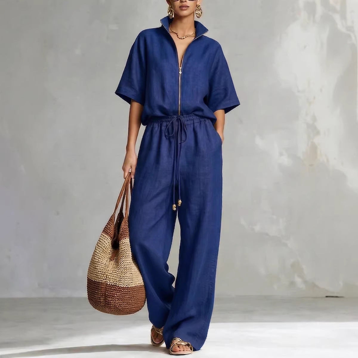 Womens Casual Loose Solid-Color Zip-Up Crew-Neck Wide-Leg Pants Set 