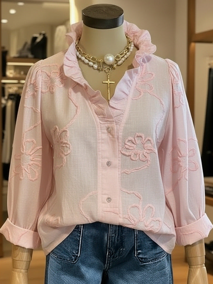 Lace-embroidered Cotton-linen Sweet Blouse 