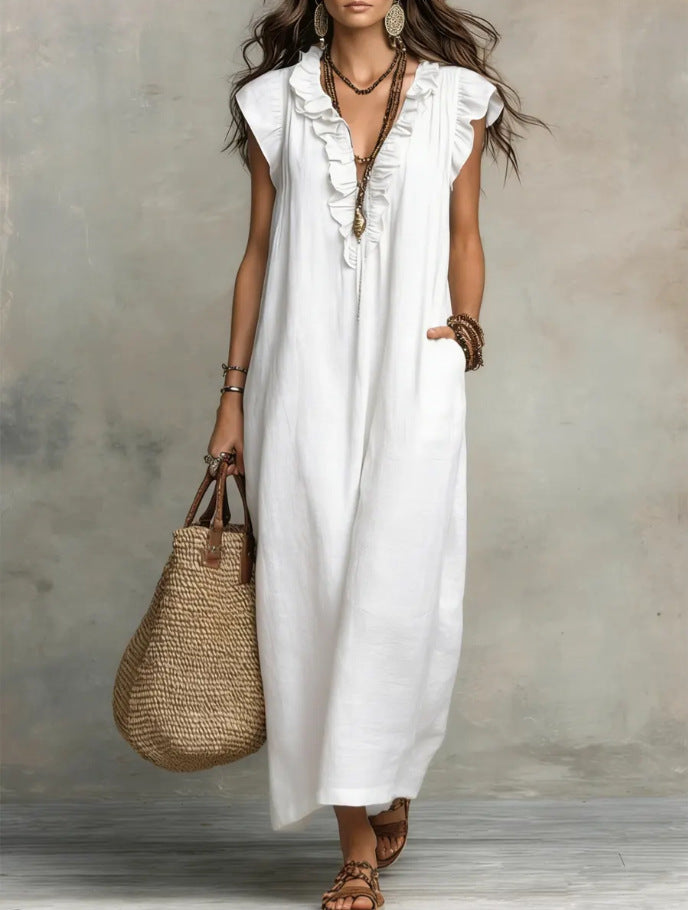 Women's Spring Summer Pocket Ruffle Elegant Dress 