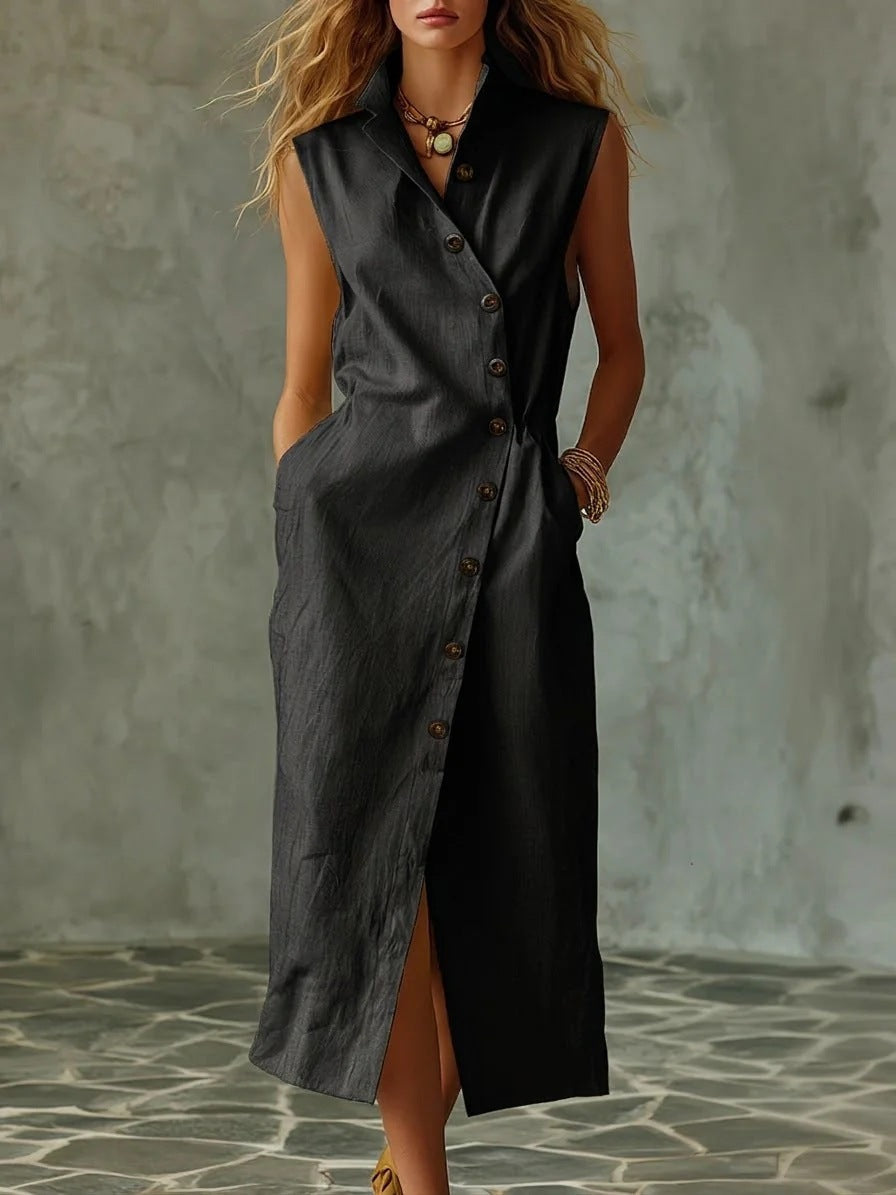 Slim-fit Elegant Single-breasted Dress With A Stand-up Collar For Women 