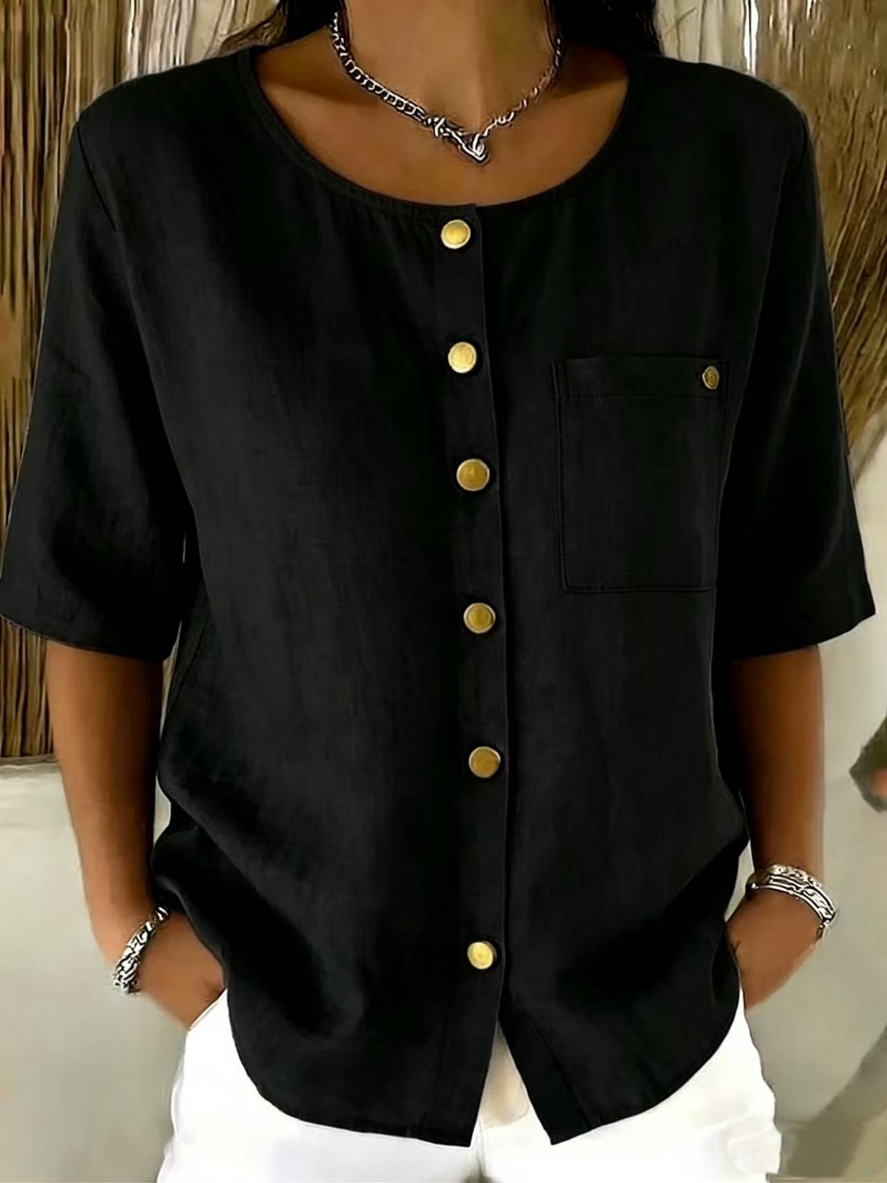 Womens Crew-Neck Shirt With Metal Buttons And Three-Quarter Sleeves 
