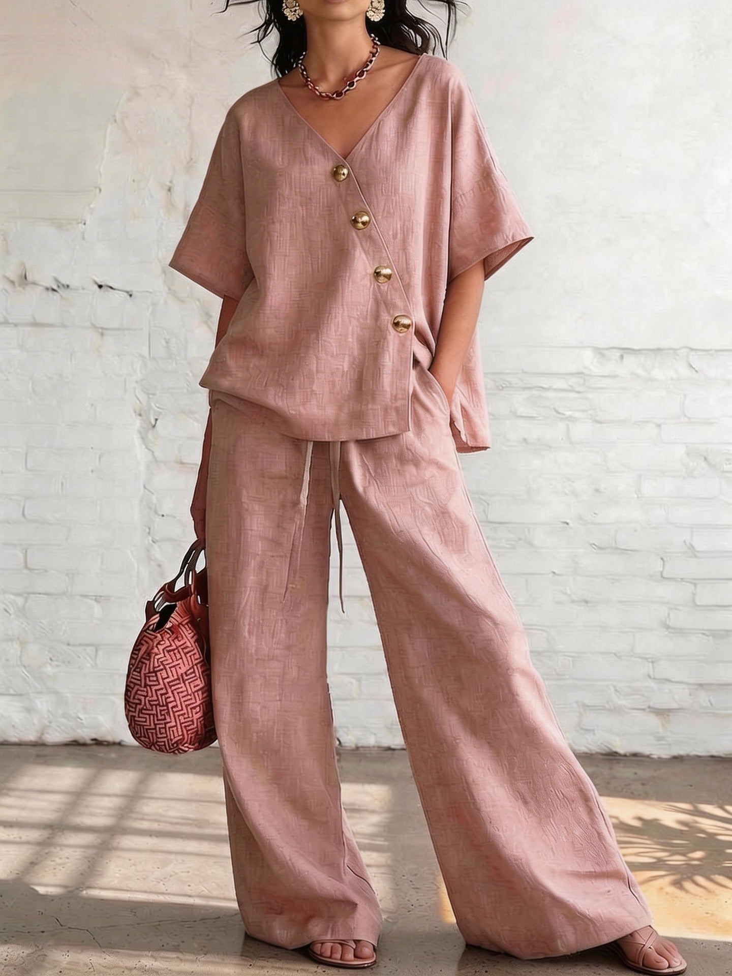Casual Vacation Loose Cotton-Linen V-Neck Wide-Leg Pants Two-Piece Set 