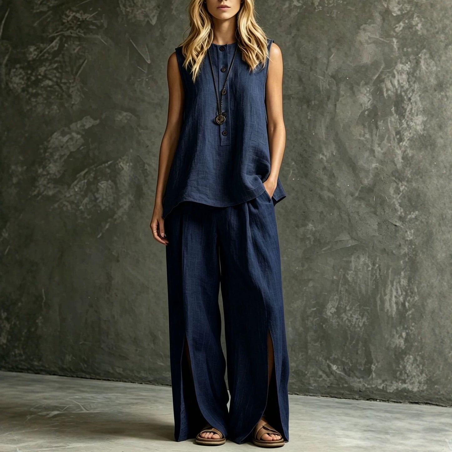 Womens Loose Sleeveless Tank Top And Slit Wide-Leg Pants Set 