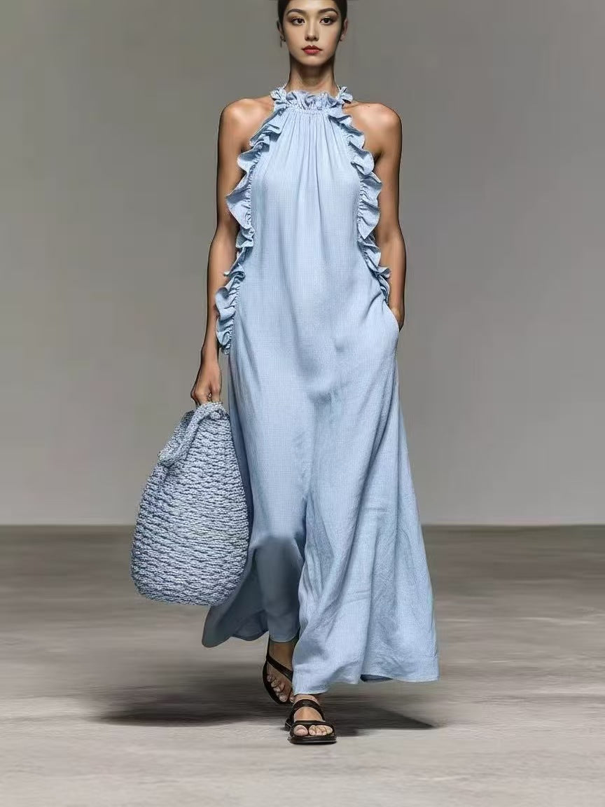 Summer Halter Neck Ruffled Sleeveless Dress, Loose Fit Flowy Dress With Pockets 