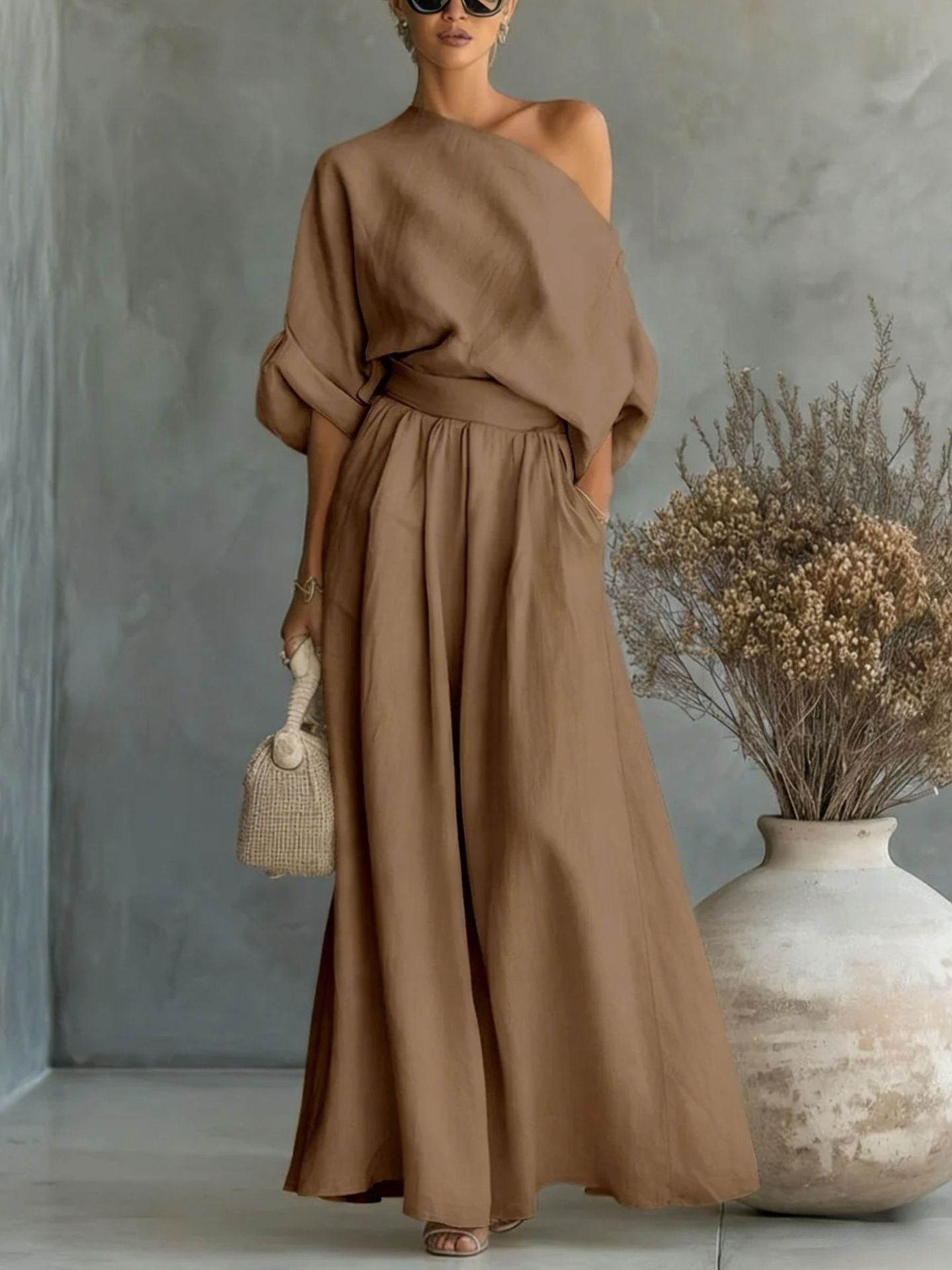 Cropped Off-shoulder Top And Pants Two-piece Set 