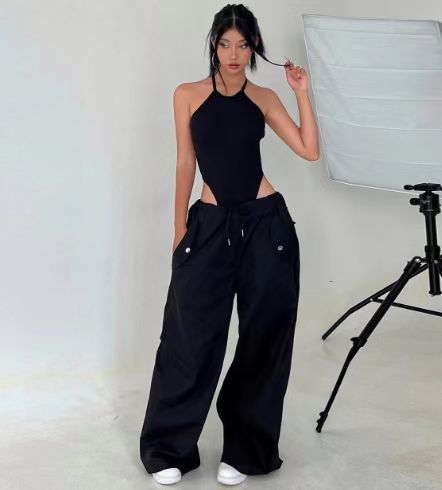 Solid-color Lace-up Loose-fitting Straight-leg Work Pants 