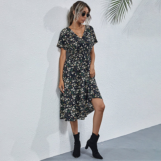 Women's V-Neck Floral Print Dress - A-Line Waisted Summer Maxi Dress CJ US