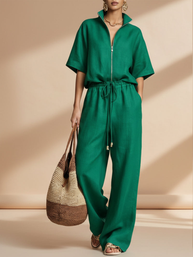 Womens Casual Loose Solid-Color Zip-Up Crew-Neck Wide-Leg Pants Set 