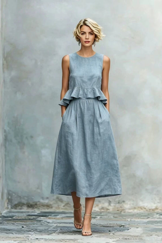 Sleeveless Crew-Neck High-Waisted Ruffle-Trim Resort-Style Dress 