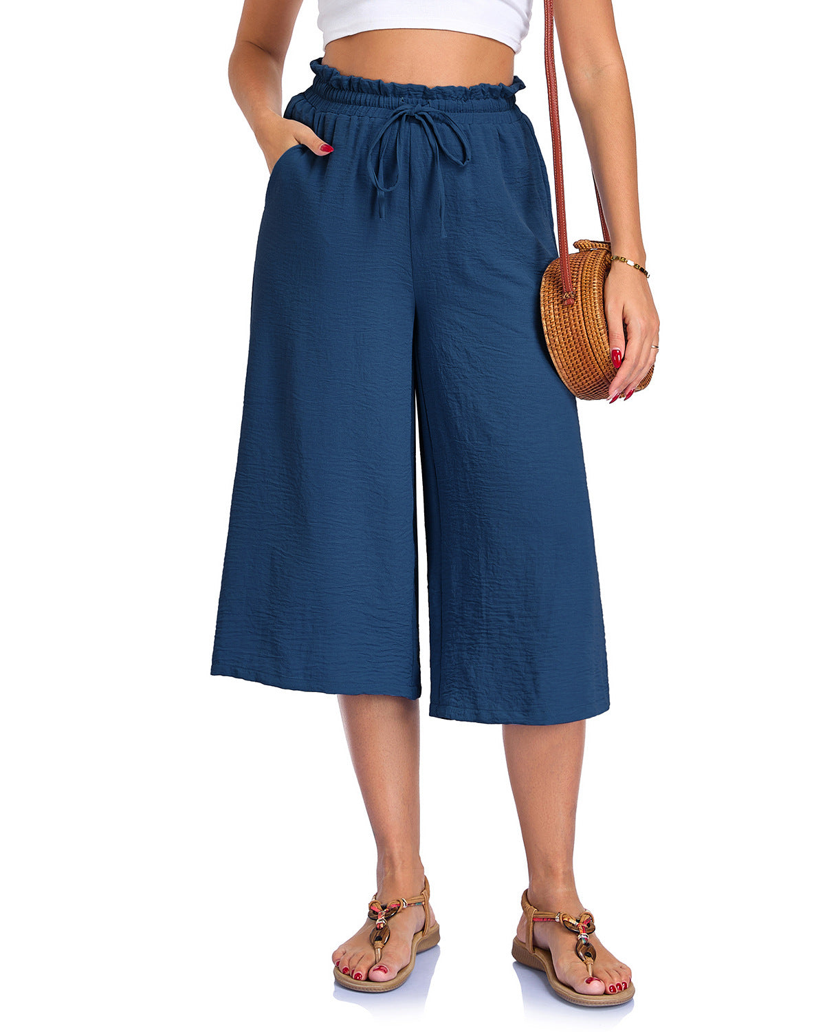 Women's Solid Color All-Match Elastic Cropped Pants Loose Wide-Leg Trousers 