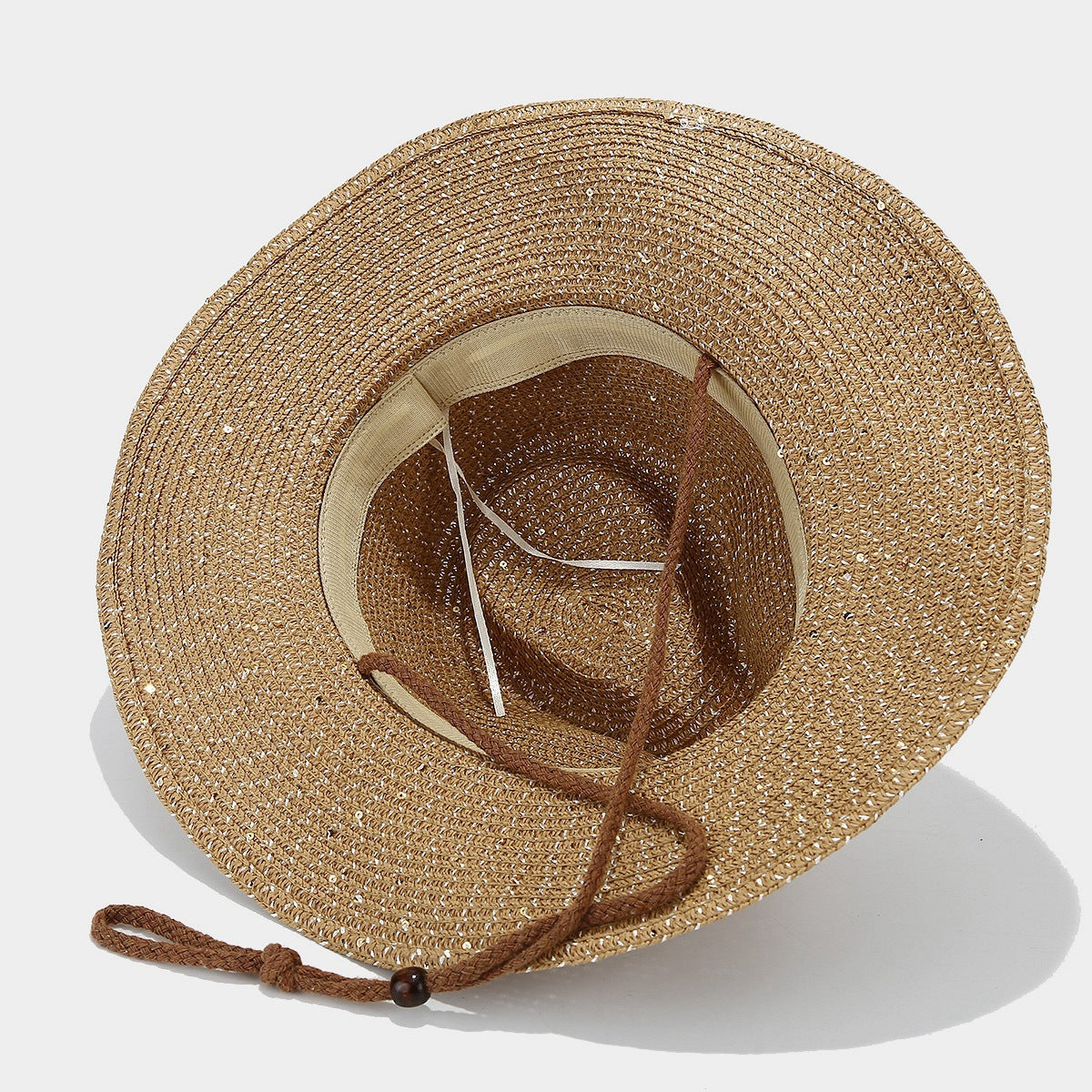 New Womens Panama Straw Weaved Sequin Windproof Sun Hat 