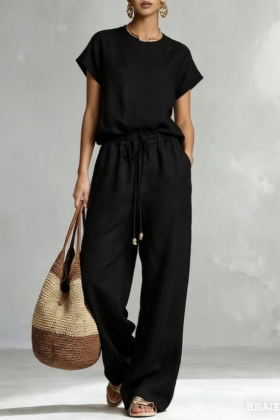 Womens Casual Loose Solid-Color Zip-Up Crew-Neck Wide-Leg Pants Set 