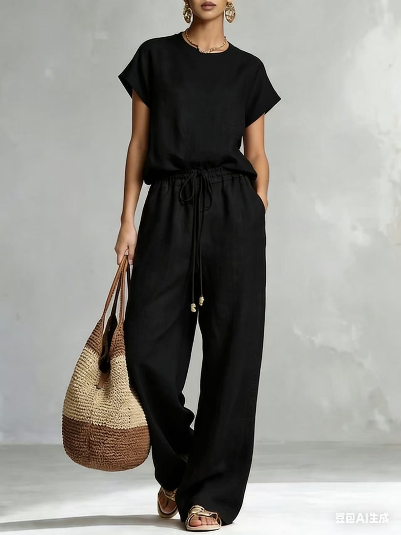 Womens Casual Loose Solid-Color Zip-Up Crew-Neck Wide-Leg Pants Set 