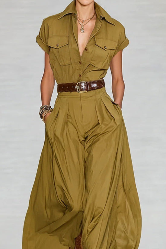 Short-sleeve Shirt-style Long Dress With Pockets 