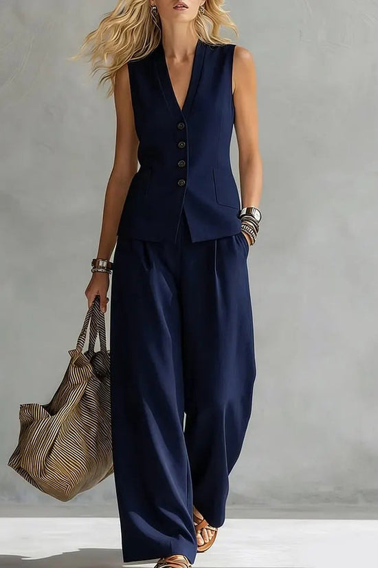 Womens Solid-Colored Sleeveless Casual Linen Tank Top And Pants Set 