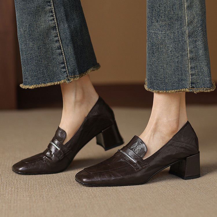 Womens Solid-color Square-toe Chunky-heel Sheepskin High Heels 