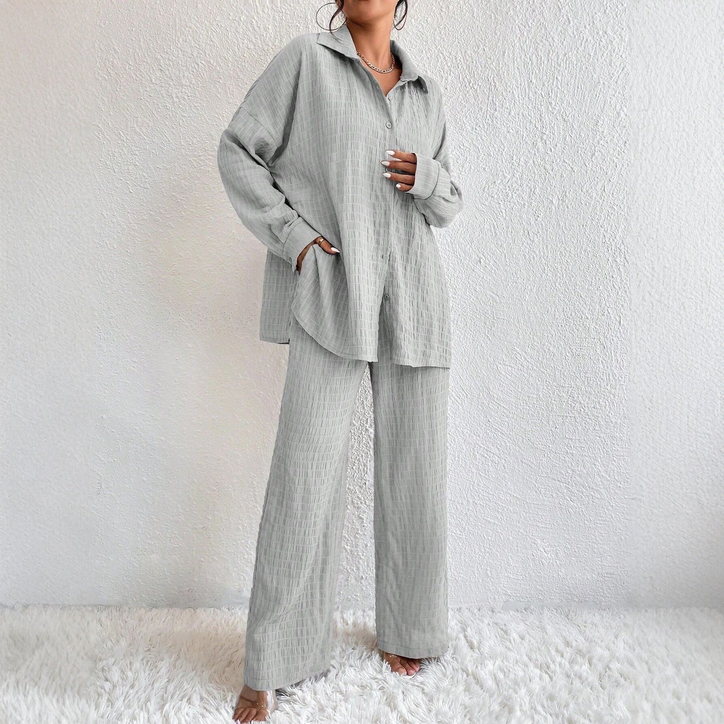 Summer New European And American Style Pleated Long-Sleeve Lapel Loose Two-Piece Set 