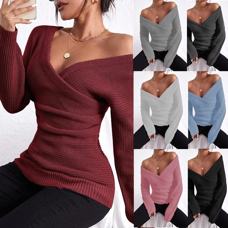 Crew-neck Off-shoulder Casual Cross-over Fitted Knit Sweater 