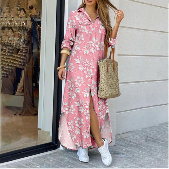 Lapel-collar Long Shirt Dress For Women 