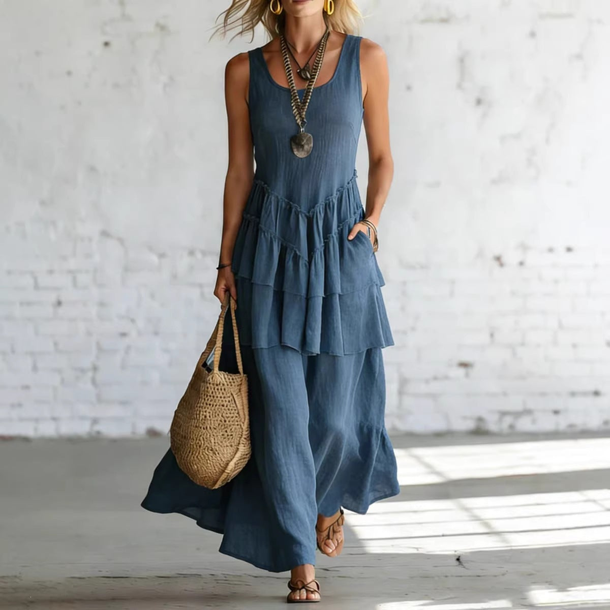 Cotton-linen Loose-fit Maxi Dress With A Sleeveless Design 