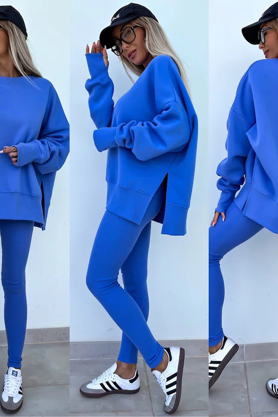 Sweater Suit Women's Casual Loose Long Sleeve Crew Neck Split Top Tight Trousers 
