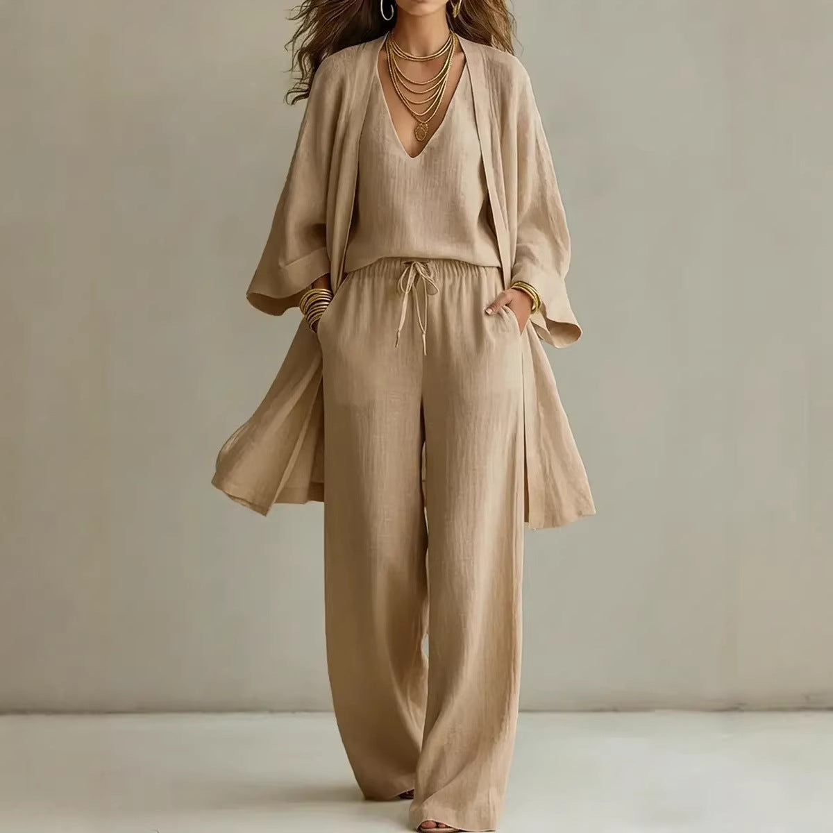 Womens Solid Color V-Neck Cardigan Vest With Pockets And Long Pants Three-Piece Set 