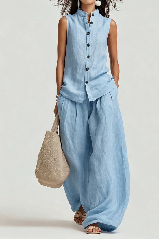 Womens Casual Cotton-Linen Sleeveless Crew-Neck Vest Top And Pants Two-Piece Set 