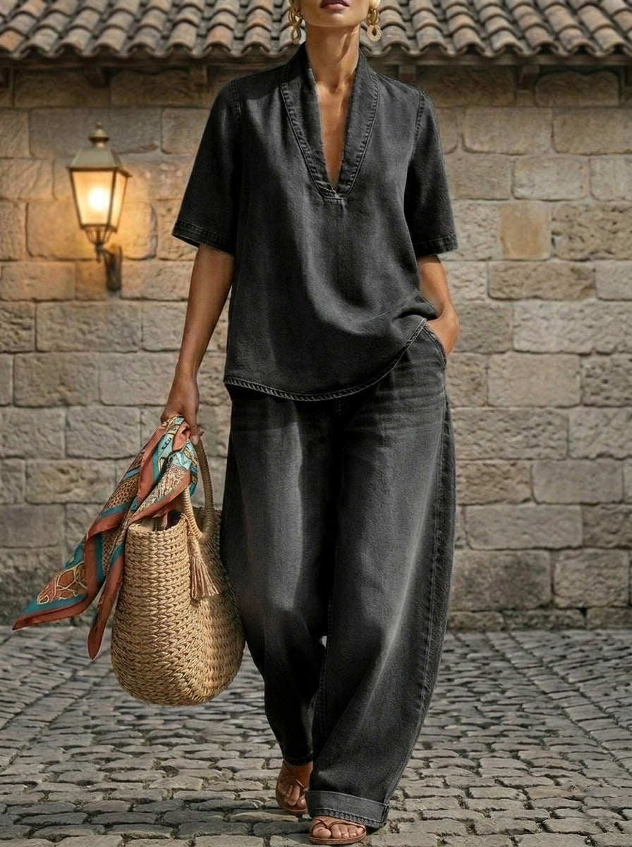 Retro V-neck Denim Set Womens Loose Half-sleeve Top And Wide-leg Pants Two-piece Set 