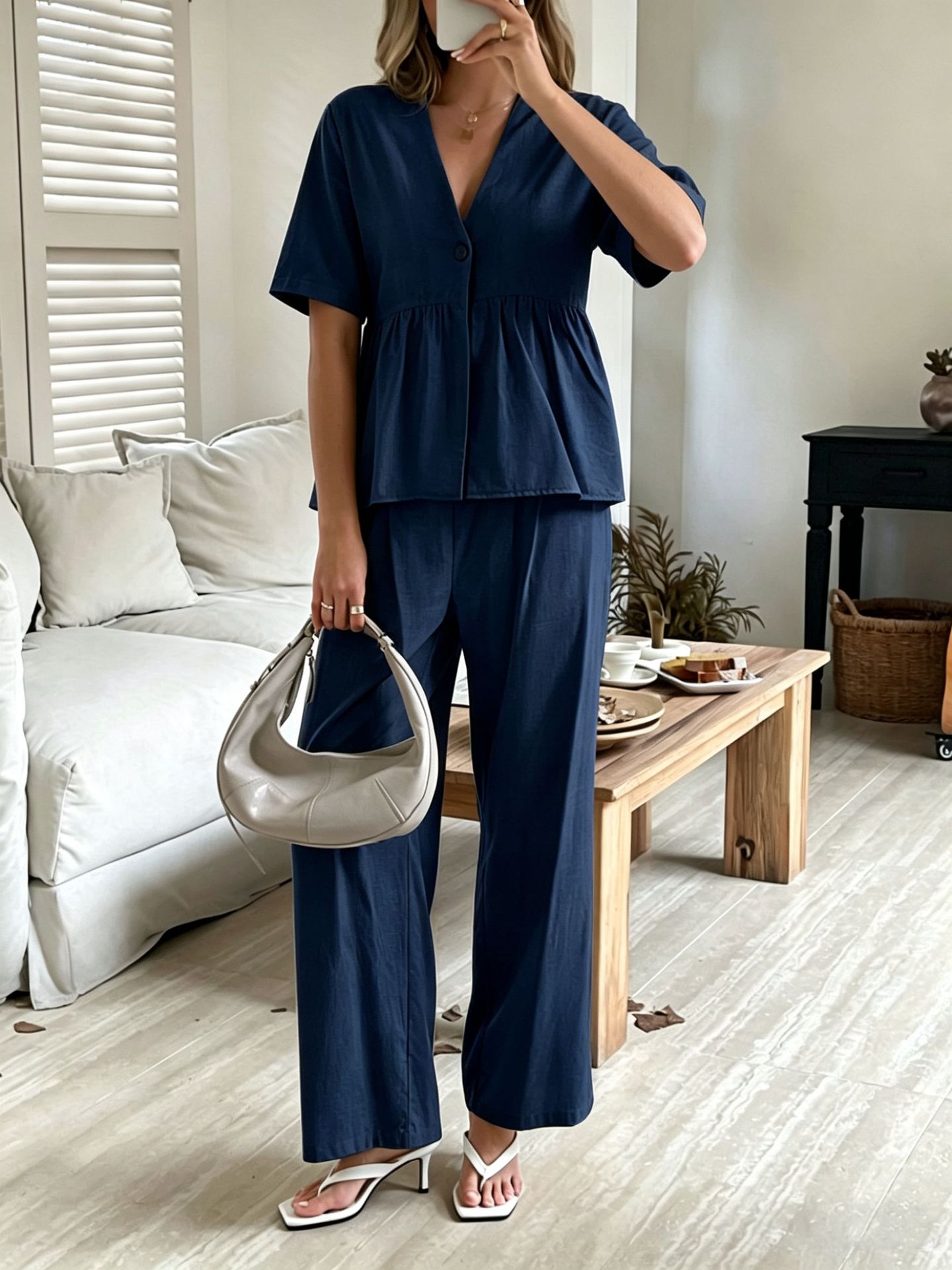 V-neck Loose-fit Short-sleeve Top And Wide-leg Pants Two-piece Set 