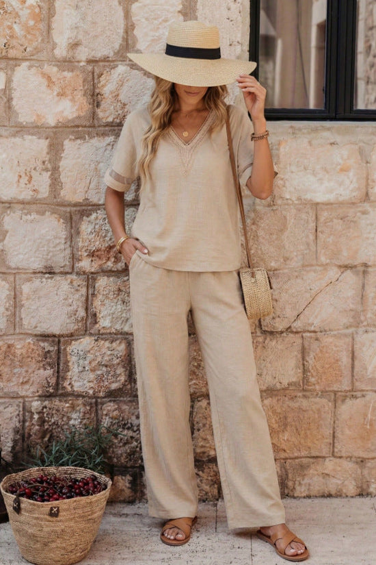 Fashionable V-neck Embroidered Top With Casual Wide-leg Pants Elegant Womens Set 
